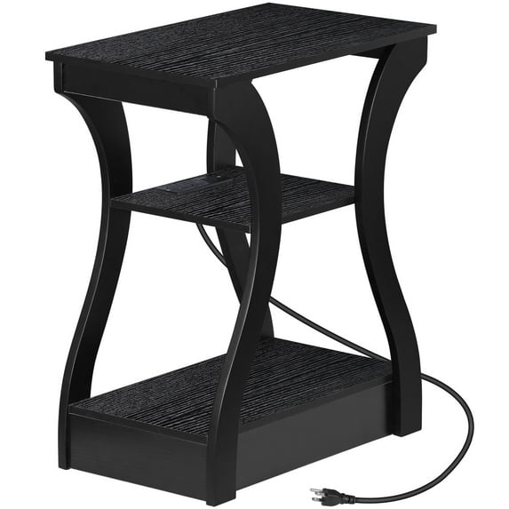 HomGarden Black End Table W/Charging Station, 3 Tier Arc Sofa Side Table W/USB Ports & Storage Shelf for Living Room, Bedroom