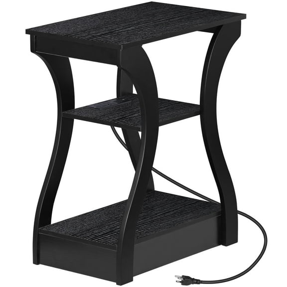 HomGarden Black End Table W/Charging Station, 3 Tier Arc Sofa Side Table W/USB Ports & Storage Shelf for Living Room, Bedroom