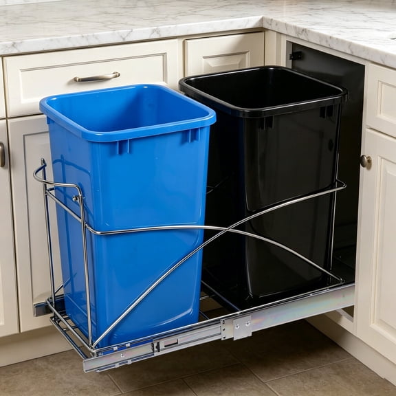 HomGarden Dual 35Qt Pullout Trash Garbage Can, 8.7Gal Capacity Under Kitchen Cabinet, Blue Black
