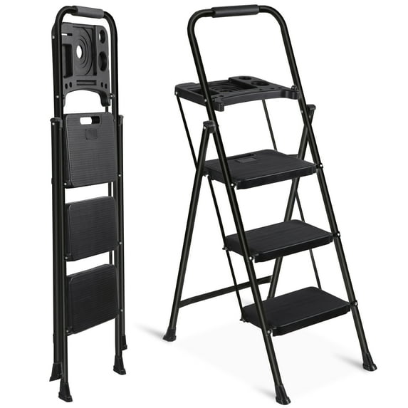 HomGarden Folding 3 Step Ladder Steel Step Stool W/Tool Tray& Handgrip, Non-Slip Wide Pedal, Safety Locking Max.330lbs Black