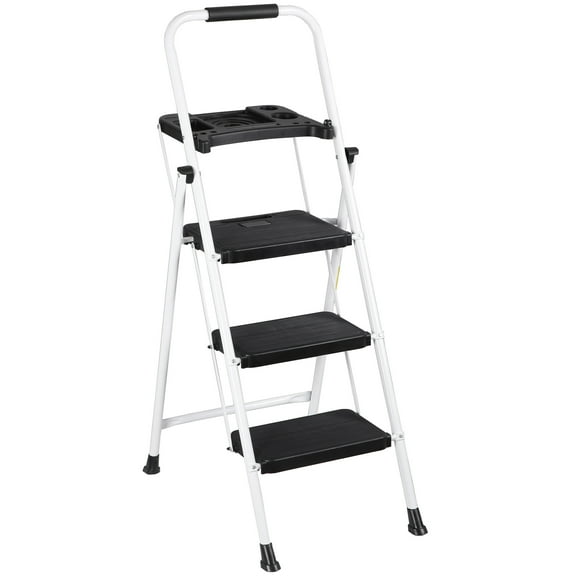 HomGarden Folding 3 Step Ladder Steel Step Stool W/Tool Tray& Handgrip, Non-Slip Wide Pedal, Safety Locking Max.330lbs White