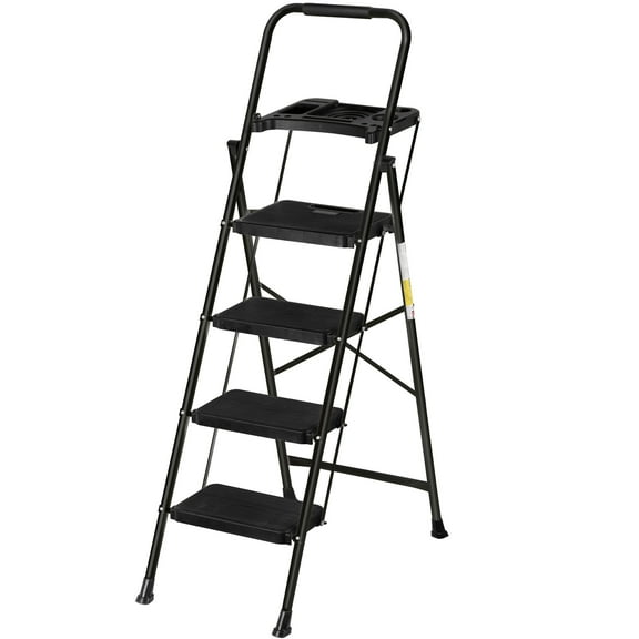 HomGarden Folding 4 Step Ladder Steel Step Stool W/Tool Tray& Handgrip, Non-Slip Wide Pedal, Safety Locking Max.330lbs Black