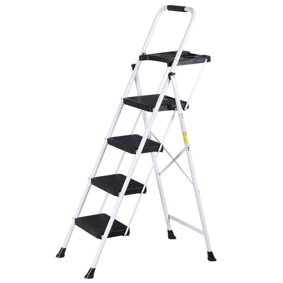 HomGarden Folding 4 Step Ladder Steel Step Stool W/Tool Tray& Handgrip, Non-Slip Wide Pedal, Safety Locking Max.330lbs White