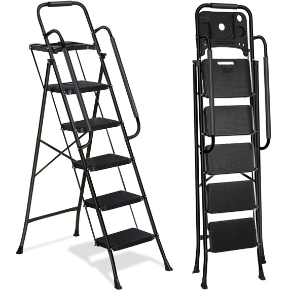 HomGarden Folding 5 Step Ladder Steel Step Stool W/Tool Tray& Handgrip, Non-Slip Wide Pedal, Safety Locking Max.330lbs Black