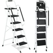 HomGarden Folding 5 Step Ladder Steel Step Stool W/Tool Tray& Handgrip, Non-Slip Wide Pedal, Safety Locking Max.330lbs White
