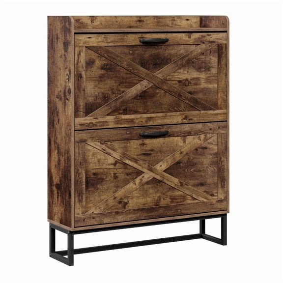 HomGarden Hidden Shoe Storage Cabinet with 2 Flip Drawers, Adjustable Shelf Narrow Shoe Organizer for Entryway, Rustic Brown