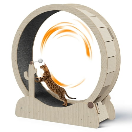 HomGarden Indoor Cat Exercise Wheel 43-in Cat Running Wheel Safety Treadmill W/Carpeted Runway, Teaser Wand, Scratching Post, Natural