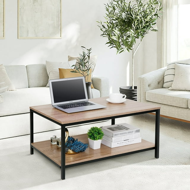 HomGarden Industrial Rectangle Wood Coffee Table Metal Cocktail Table, Natural