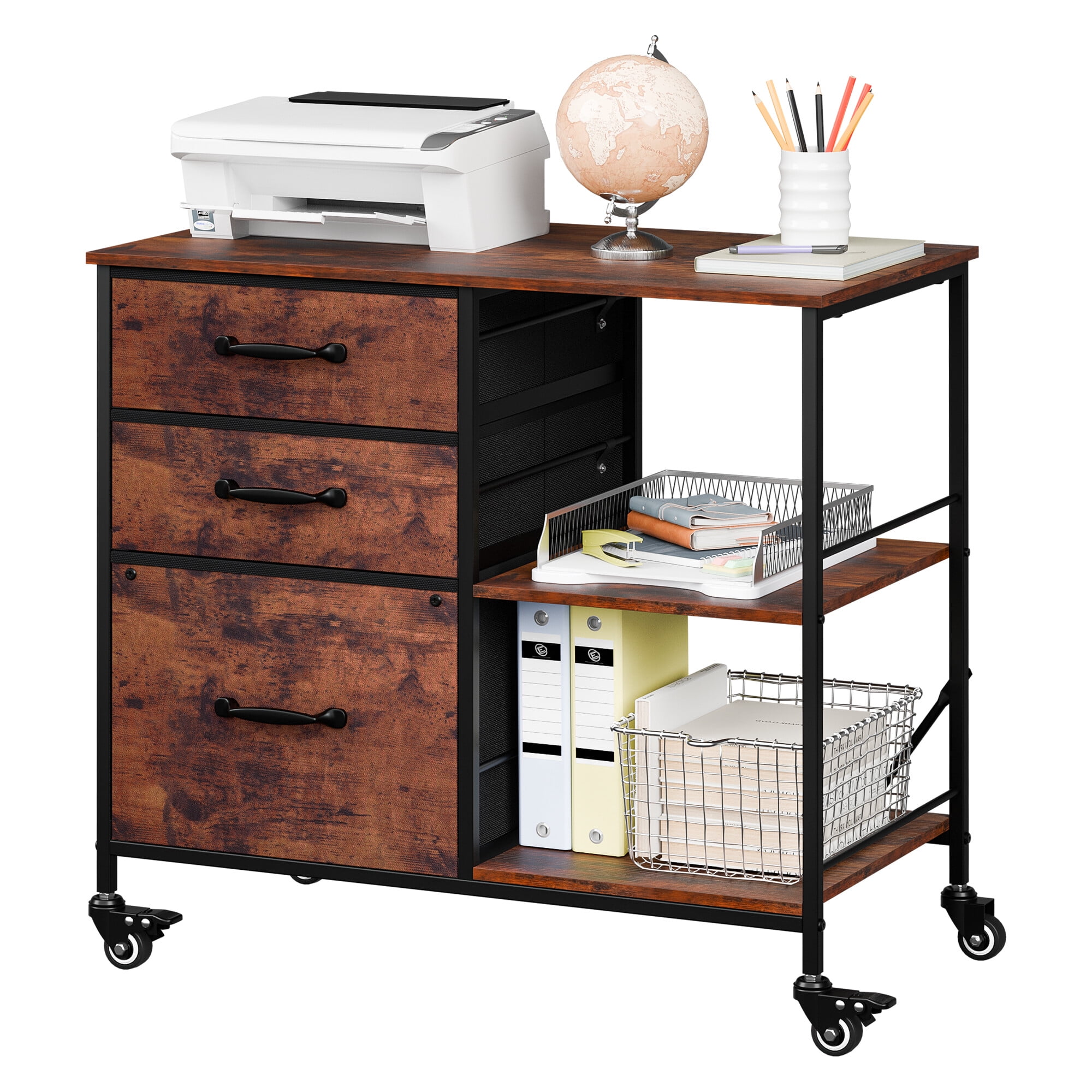 HomGarden Mobile File Cabinet, 3 Drawer Fabric Lateral Filing Cabinet fits A4, Letter Size, Printer W/Open Shelf & Lockable Wheels for Home Office, Black