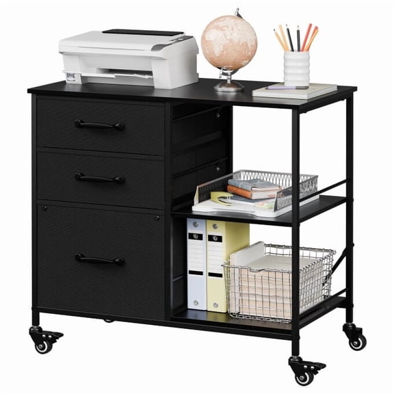 HomGarden Mobile File Cabinet, 3 Drawer Fabric Lateral Filing Cabinet fits A4, Letter Size, Printer W/Open Shelf & Lockable Wheels for Home Office, Gray