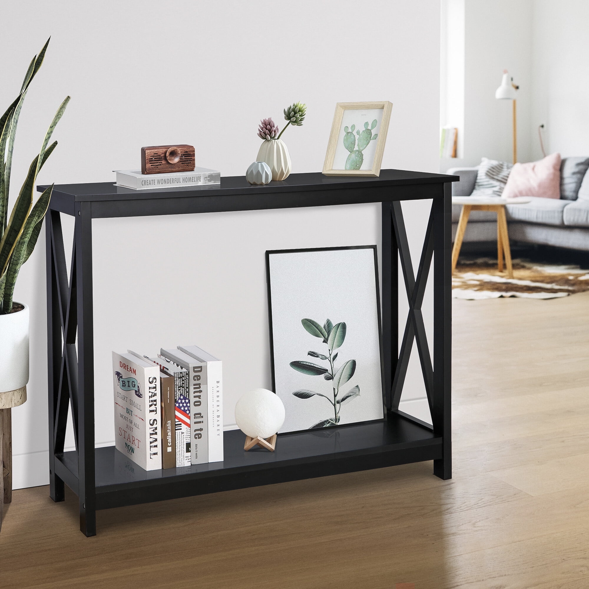 HomGarden Modern Narrow Console Table 2-Shelves Wooden Sofa Side Table, Black