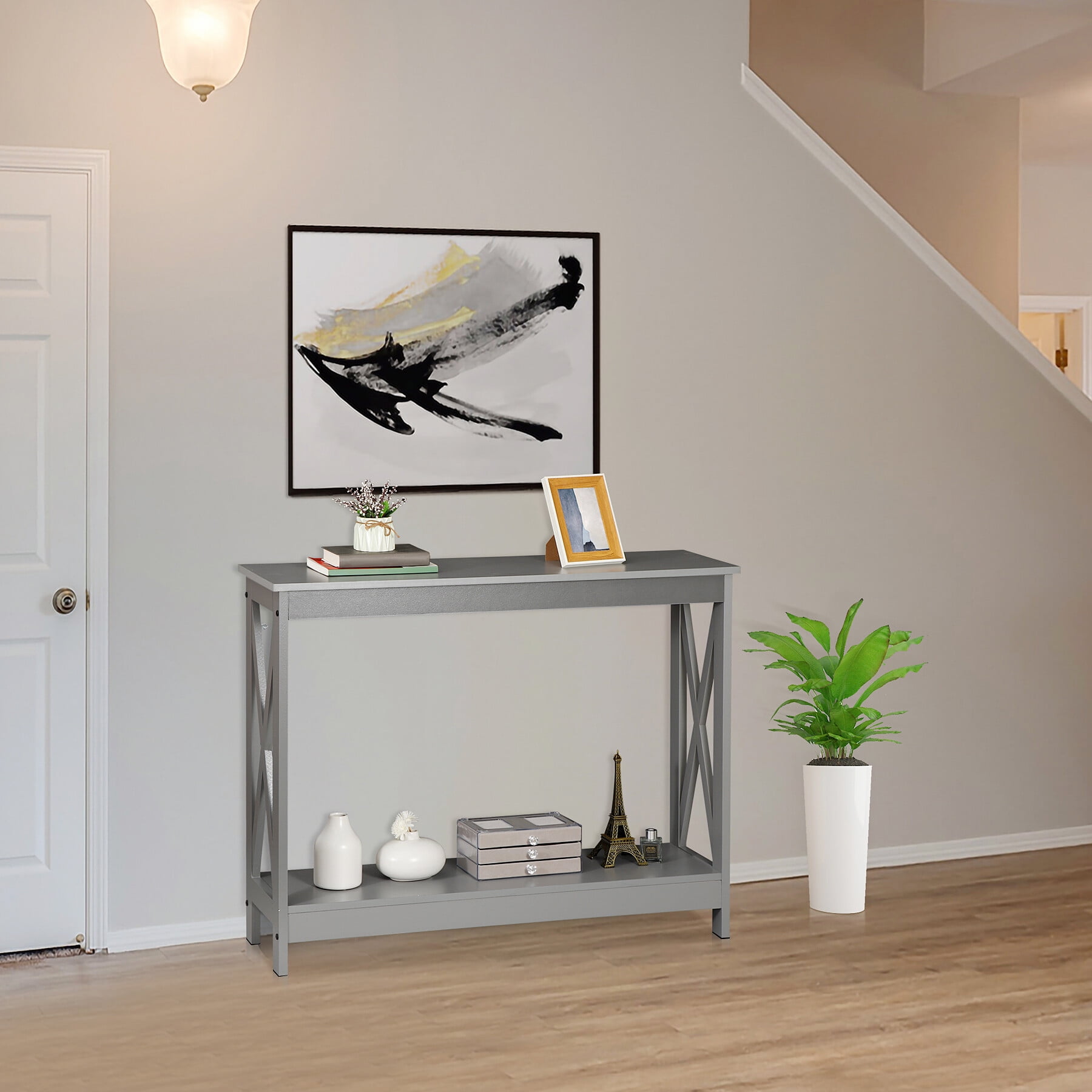 HomGarden Modern Narrow Console Table 2-Shelves Wooden Sofa Side Table Home Office, Gray