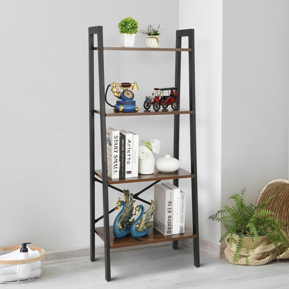 HomGarden Modern Wooden Bookshelf 4-Tier Ladder Bookcase Storage Rack Accent Furniture Rustic Brown