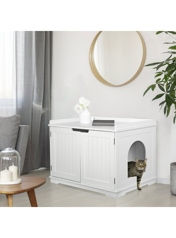 HomGarden Multi-Functional Cat Washroom Bench Hidden Cat Litter Box Enclosure Furniture White