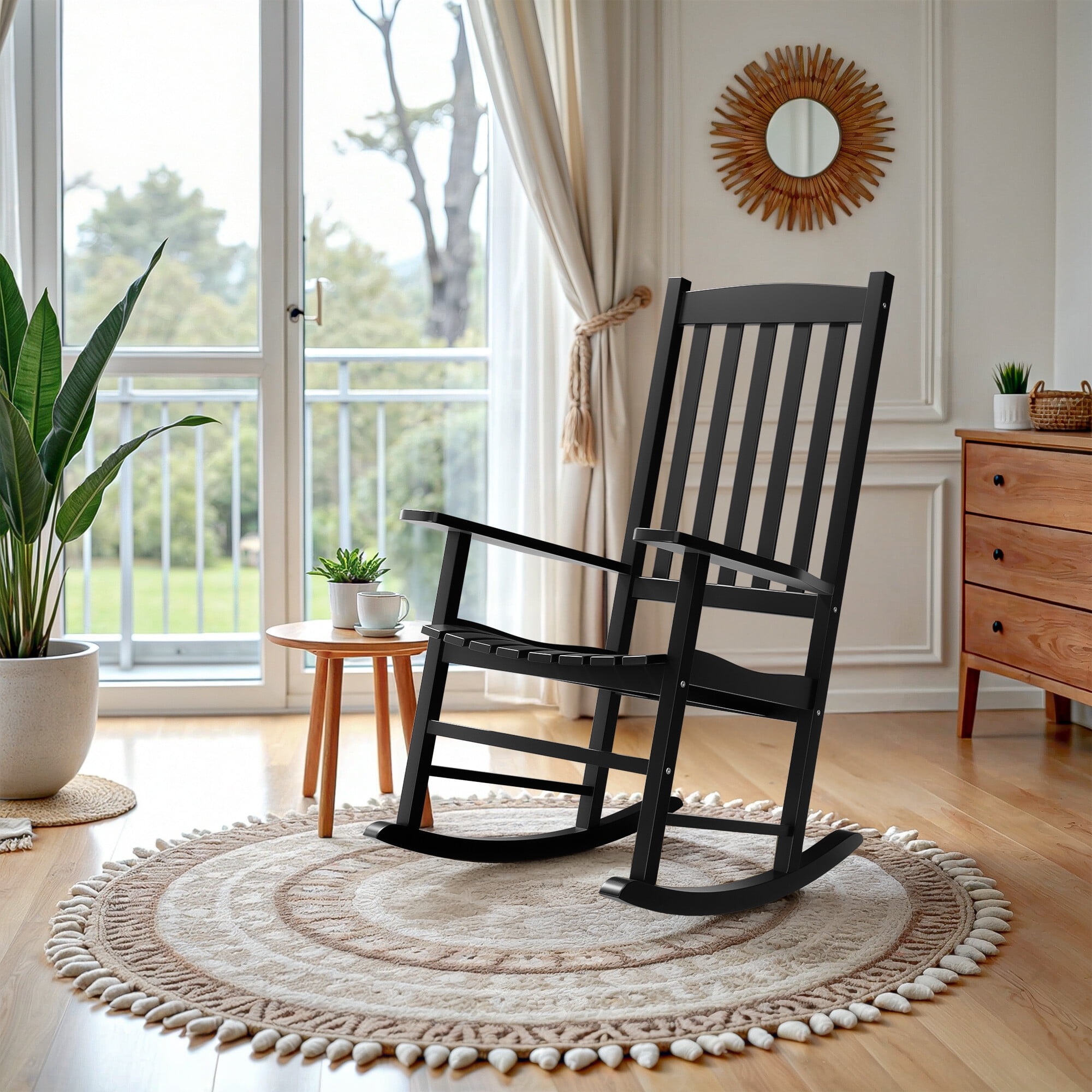 HomGarden Patio Wood Rocking Chair Indoor Outdoor Rocker All-Weather for Porch, Pool, Balcony, Lawn, 400lbs Capacity - Black