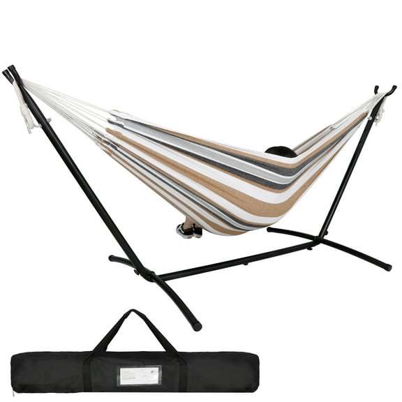 HomGarden Portable Double Outdoor Hammock W/9FT Stand Set,Carry Case, 78.7” L x 61” W, Brown