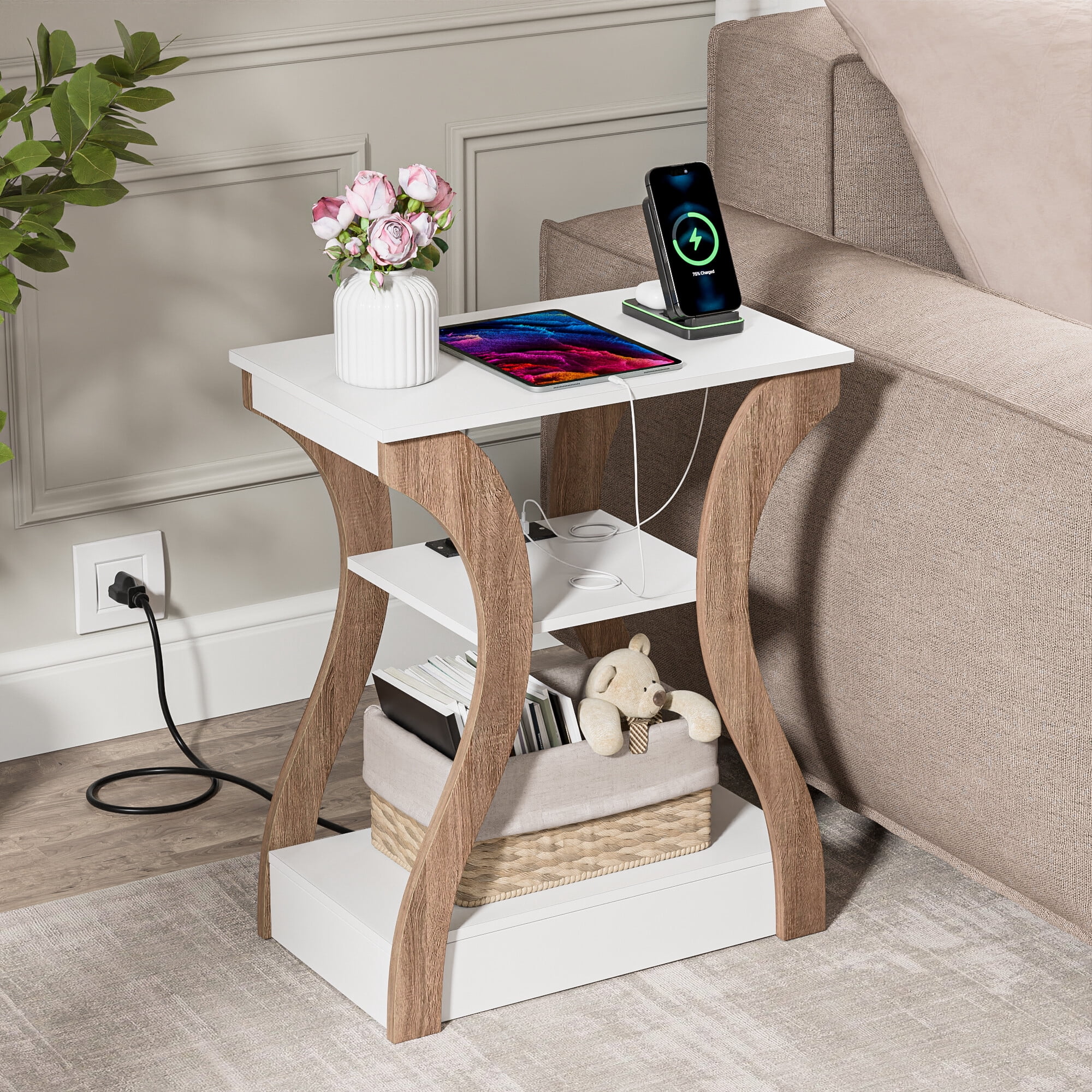HomGarden Set of 2 Arc End Table W/Charging Station, 3 Tier Arc Sofa Side Table W/USB Ports & Storage Shelf for Living Room, Bedroom, White