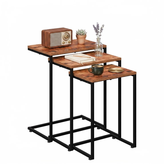 HomGarden Set of 3 Industrial Nesting Sofa Side Table Indoor MDF C-shaped Stacking End Table Rustic Brown