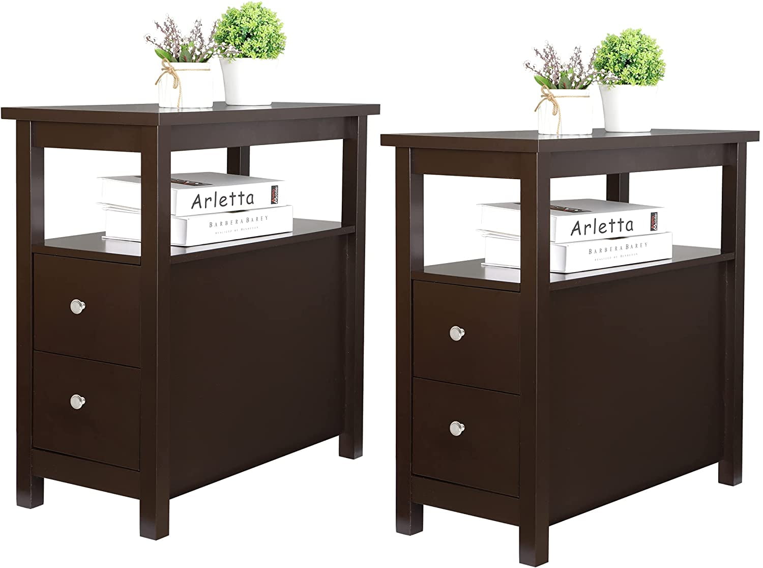 HomGarden Side End Table with 2 Drawer and Shelf, Multifunctional Narrow Side Table Chairside End Table for Living Room, Bedroom, Set of 2, Espresso