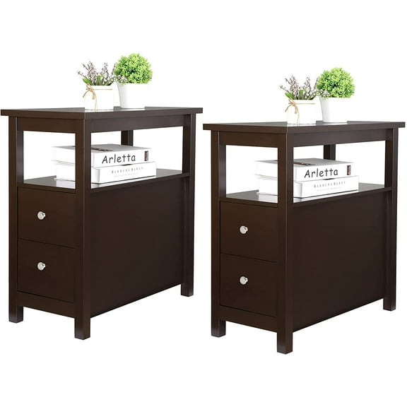 HomGarden Side End Table with 2 Drawer and Shelf, Multifunctional Narrow Side Table Chairside End Table for Living Room, Bedroom, Set of 2, Espresso