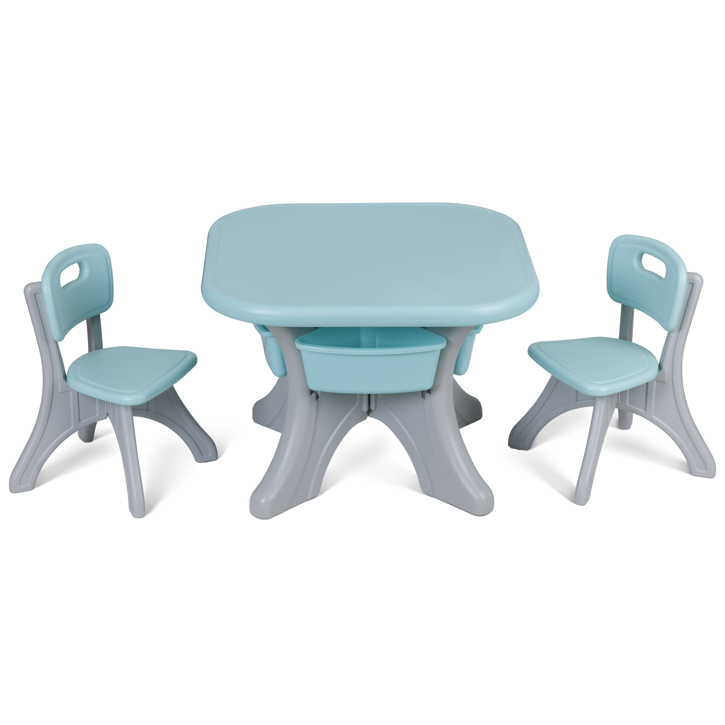 HomGarden Toddler Kids Table & 2 Chair Set 3Pcs Plastic Child Activity Table W/Storage Bins Blue