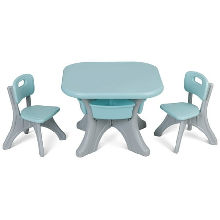 HomGarden Toddler Kids Table & 2 Chair Set 3Pcs Plastic Child Activity Table W/Storage Bins Blue