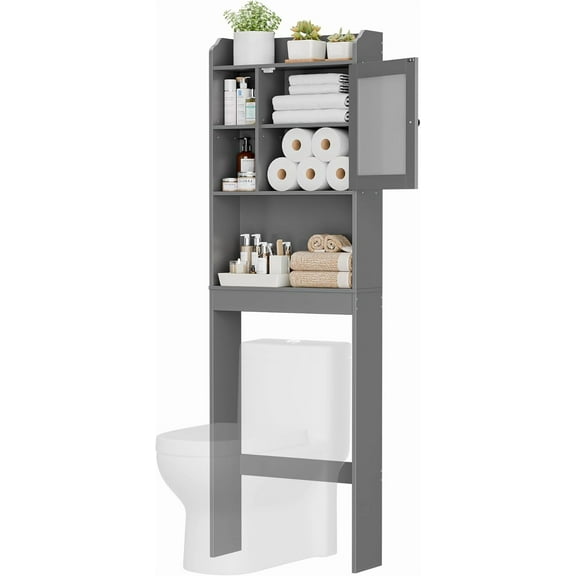 HomGarden Over The Toilet Organizer, Freestanding Wooden Bathroom Space Saver Storage with Adjustable Shelves and Glass Door for Living Room Restroom Laundry, Gray