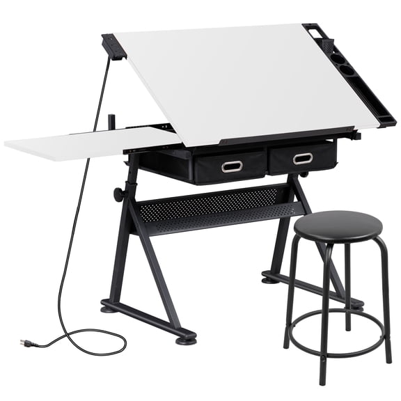 HomGarden Wood Adjustable Drafting Table W/Power Outlet & Stool, Tiltable Slide-Out Drawing Desk Indoor, White