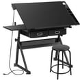 thumbnail image 1 of HomGarden Wood Adjustable Drafting Table W/Power Outlet & Stool, Tiltable Slide-Out Drawing Desk Indoor, Black, 1 of 12