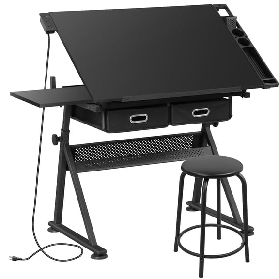 HomGarden Wood Adjustable Drafting Table W/Power Outlet & Stool, Tiltable Slide-Out Drawing Desk Indoor, Black