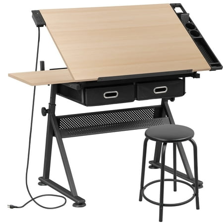 HomGarden Wood Adjustable Drafting Table W/Power Outlet & Stool, Tiltable Slide-Out Tabletop Drawing Desk for Indoor Home Office Beige