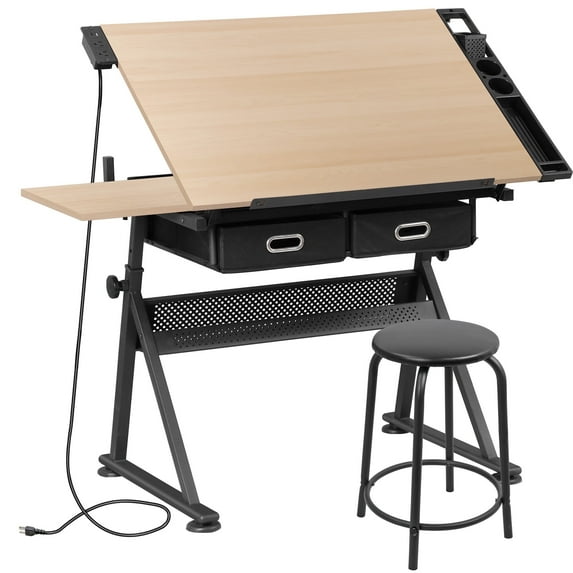 HomGarden Wood Adjustable Drafting Table W/Power Outlet & Stool, Tiltable Slide-Out Tabletop Drawing Desk for Indoor Home Office Beige