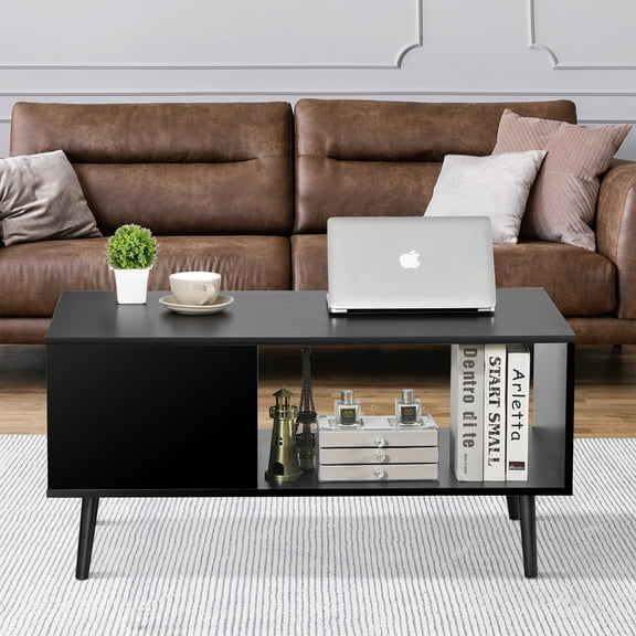 HomGarden Wood Coffee Table, Modern Console Sofa Side Table Cocktail Table Black
