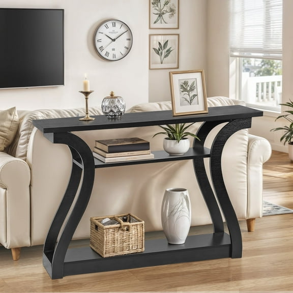 HomGarden Wood Narrow Console Table 3 Tier Black Accent Sofa Table Living Room Bedroom