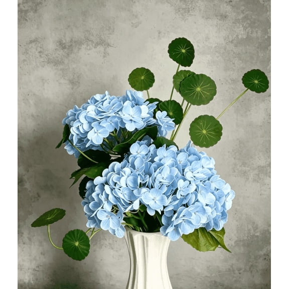 HomWamee Blue Artificial Hydrangea, 3pcs Real Touch Blooms with 2 Penny Leaves for Vase Wedding Home Decor