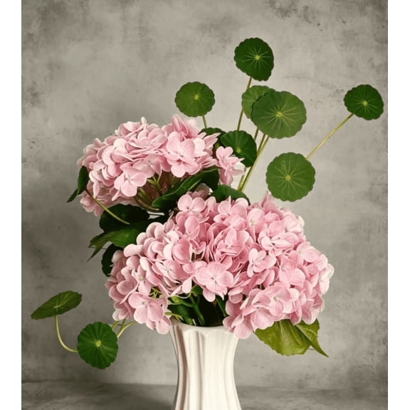 HomWamee Pink Artificial Hydrangea, 3pcs Real Touch Blooms with 2 Penny Leaves for Vase Wedding Home Decor