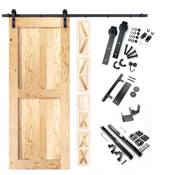 Homacer 5-in-1 34in x 84in Pine Wood Frame Barn Door with 6ft Long Flat Track, Classic Design Roller Installation Hardware Kit Including Door Handle and Soft Close,, Interior Use Only