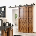 thumbnail image 1 of Homacer Black Rustic Double Track U-Shape Bypass Sliding Barn Door Hardware Kit, for Two/Double Doors, 10ft Long Flat Track, Diamond Design Roller, Heavy Duty, for Interior & Exterior Use, 1 of 6