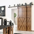 thumbnail image 1 of Homacer Black Rustic Double Track U-Shape Bypass Sliding Barn Door Hardware Kit, for Two/Double Doors, 15ft Long Flat Track, Spoke Wheel Design Roller, Heavy Duty, for Interior & Exterior Use, 1 of 6