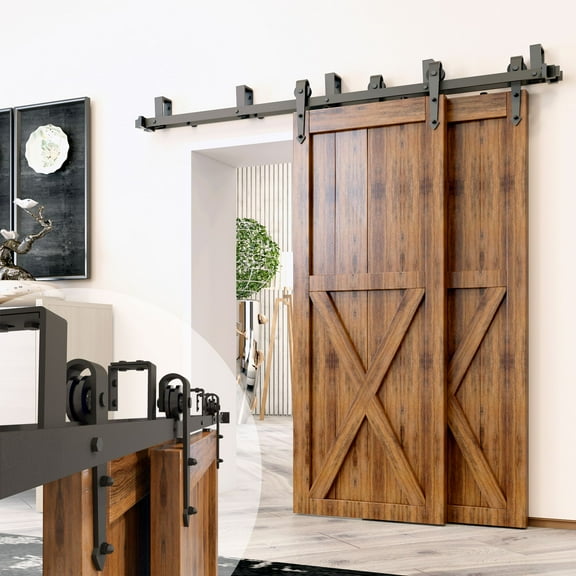 Homacer Black Rustic Double Track U-Shape Bypass Sliding Barn Door Hardware Kit, for Two/Double Doors, 18ft Long Flat Track, Arrow Design Roller, Heavy Duty, for Interior & Exterior Use