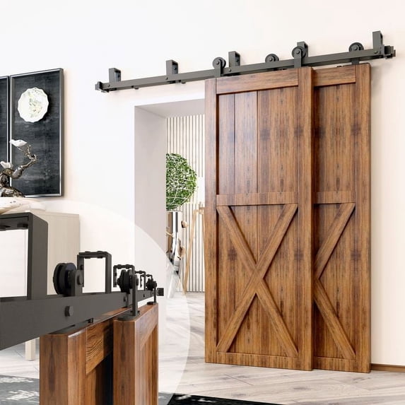 Homacer Black Rustic Double Track U-Shape Bypass Sliding Barn Door Hardware Kit, for Two/Double Doors, 20ft Long Flat Track, T-Shape Design Roller, Heavy Duty, for Interior & Exterior Use
