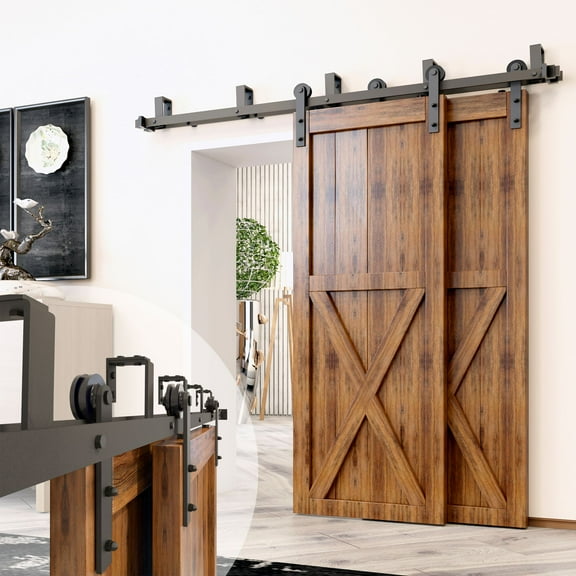 Homacer Black Rustic Double Track U-Shape Bypass Sliding Barn Door Hardware Kit, for Two/Double Doors, 4ft Long Flat Track, Straight Design Roller, Heavy Duty, for Interior & Exterior Use