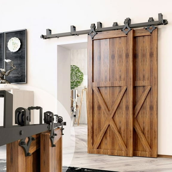 Homacer Black Rustic Double Track U-Shape Bypass Sliding Barn Door Hardware Kit, for Two/Double Doors, 6.6ft Long Flat Track, Diamond Design Roller, Heavy Duty, for Interior & Exterior Use
