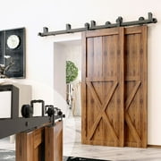 Homacer Black Rustic Double Track U-Shape Bypass Sliding Barn Door Hardware Kit, for Two/Double Doors, 6.6ft Long Flat Track, T-Shape Design Roller, Heavy Duty, for Interior & Exterior Use