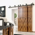 thumbnail image 1 of Homacer Black Rustic Double Track U-Shape Bypass Sliding Barn Door Hardware Kit, for Two/Double Doors, 6ft Long Flat Track, Arrow Design Roller, Heavy Duty, for Interior & Exterior Use, 1 of 6