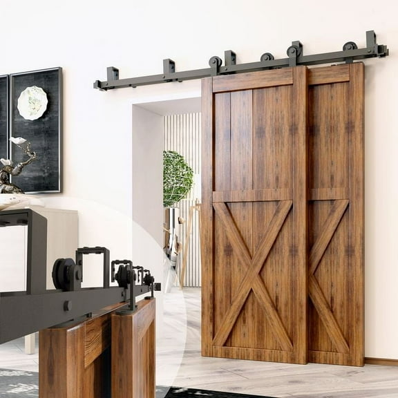 Homacer Black Rustic Double Track U-Shape Bypass Sliding Barn Door Hardware Kit, for Two/Double Doors, 9ft Long Flat Track, T-Shape Design Roller, Heavy Duty, for Interior & Exterior Use