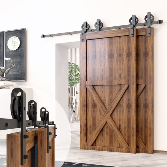 Homacer Black Rustic Single Track Bypass Sliding Barn Door Hardware Kit, for Two/Double Doors, 10ft Long Flat Track, Spoke Wheel Design Roller, Heavy Duty, for Interior & Exterior Use