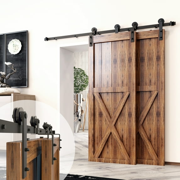 Homacer Black Rustic Single Track Bypass Sliding Barn Door Hardware Kit, for Two/Double Doors, 20ft Long Flat Track, Straight Design Roller, Heavy Duty, for Interior & Exterior Use