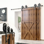 Homacer Black Rustic Single Track Bypass Sliding Barn Door Hardware Kit, for Two/Double Doors, 6.6ft Long Flat Track, Spoke Wheel Design Roller, Heavy Duty, for Interior & Exterior Use