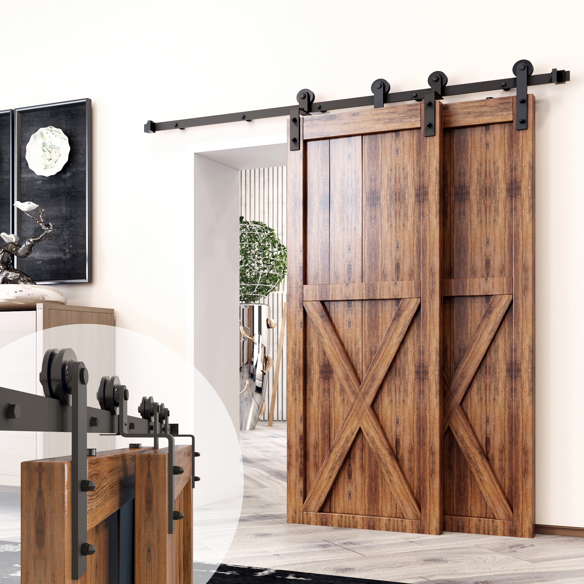6.6 ft Black Steel Single Track Bypass Sliding Barn Door Hardware Kit